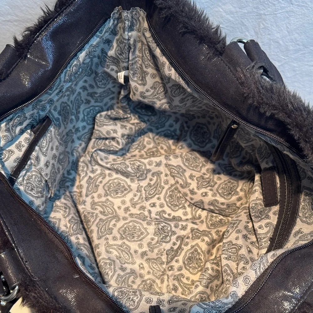 Black Faux Fur Tote Bag with Studded Straps